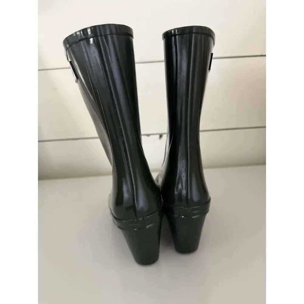 Hunter Zip Wedge Heeled Rain Boots In Green Rubber Midcalf 6